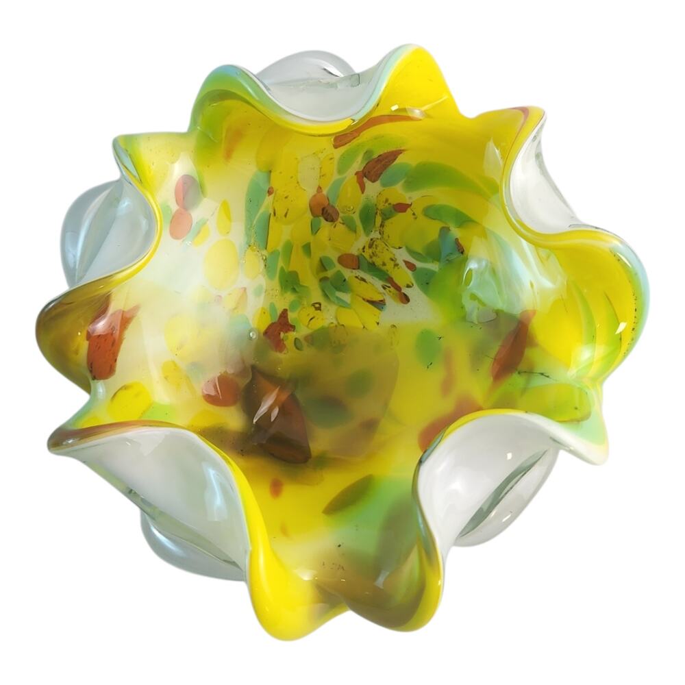Vintage Murano Art Glass Bowl Vibrant Mult-Colored Ruffled Rim Hand-Blown Italy